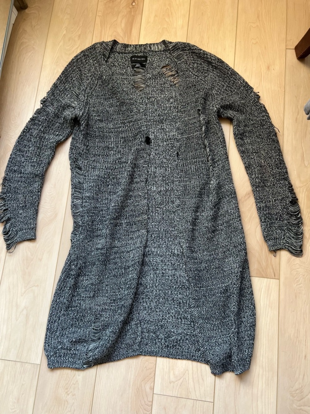 Open-Knit Distressed Longline Cardigan - Gray